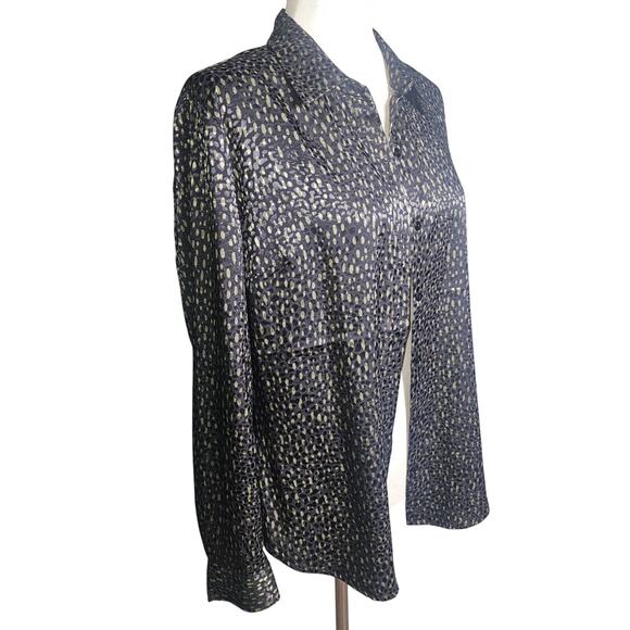 Liverpool Silky Button Up Collared Textured Black and Olive Green Top Small - Picture 2 of 11